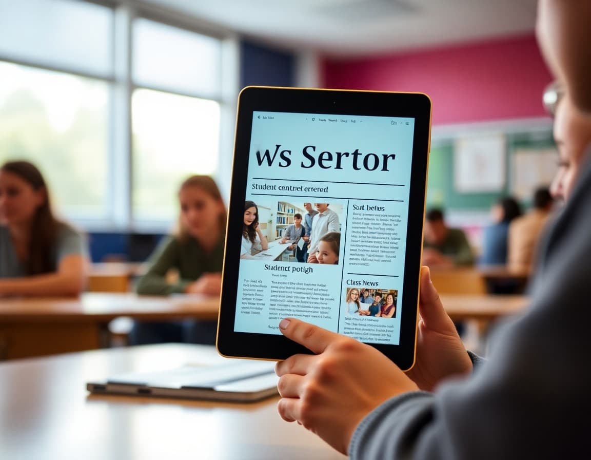 High school student-centered newsletter displayed on tablet with student spotlight and class news