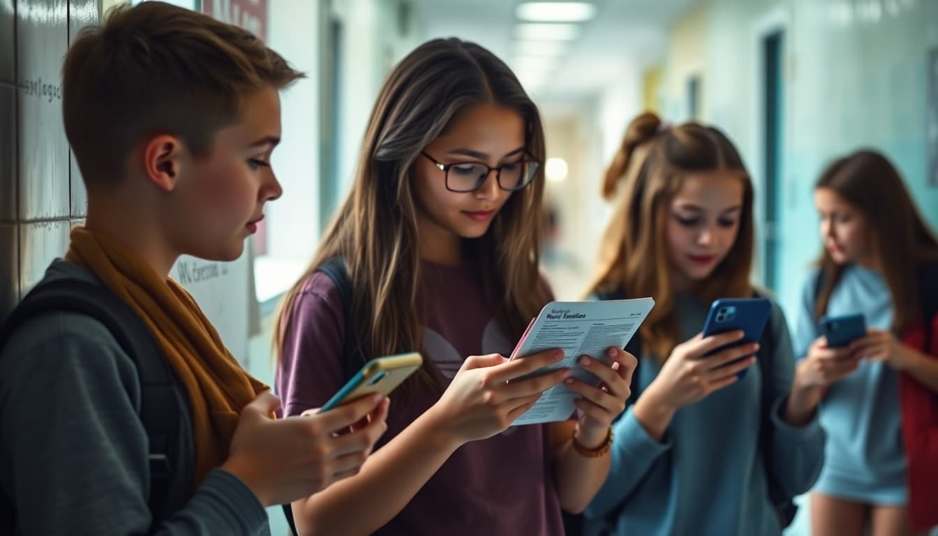 High school students reading a school newsletter on their phones in a hallway