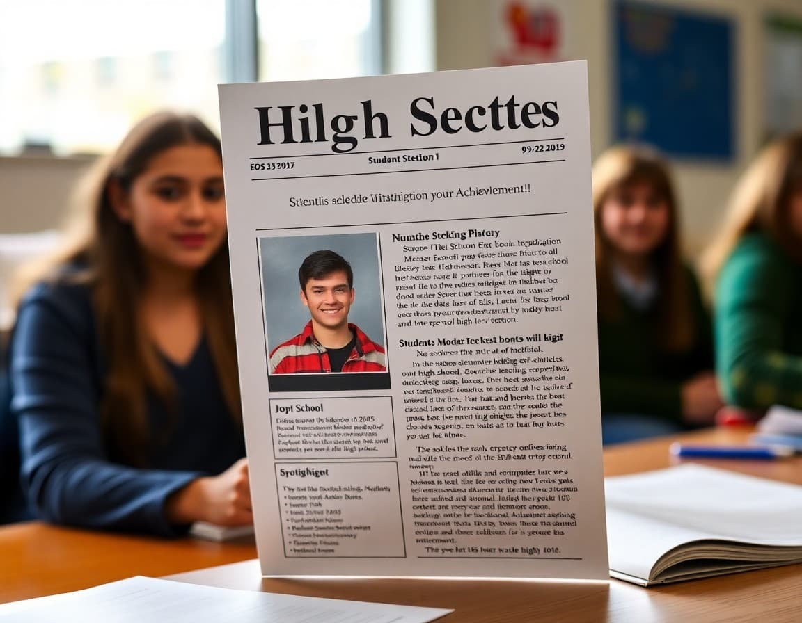 High school newsletter displaying a student spotlight section with photo and achievement description