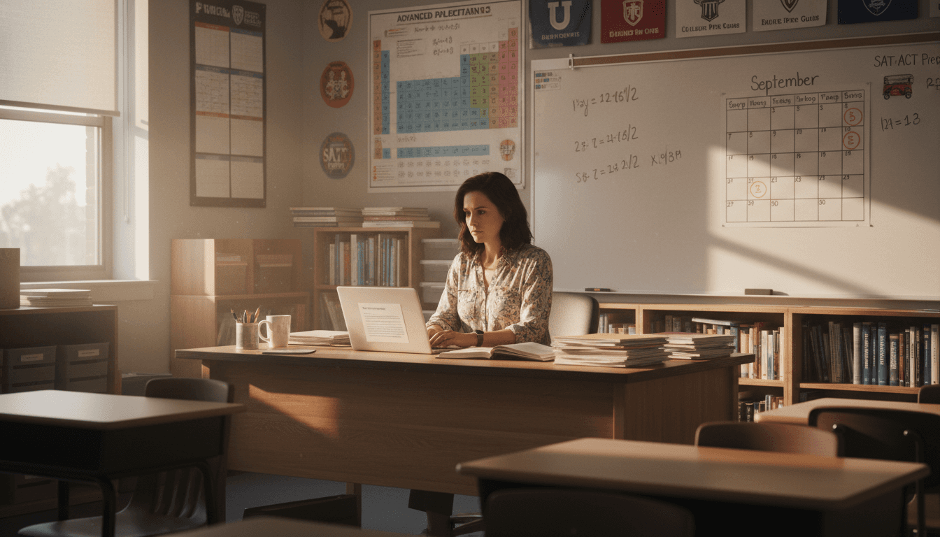 Eleventh grade classroom teacher at desk in September, bulletin board visible