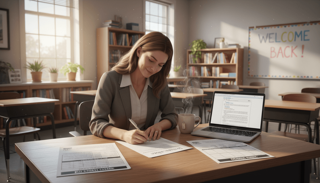 High school teacher at desk writing September newsletter with syllabus, fall sports calendar, and grading rubric nearby