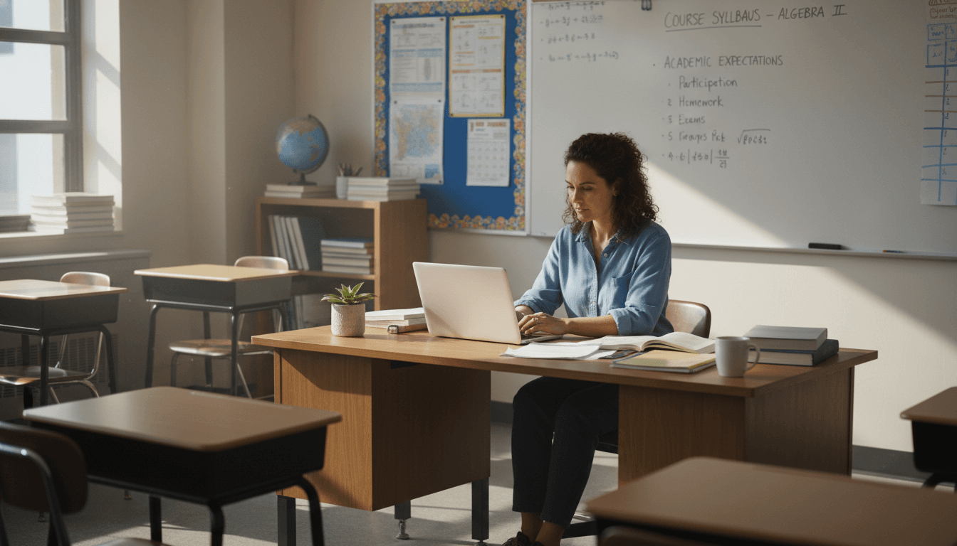 Ninth grade classroom teacher at desk in September, bulletin board visible