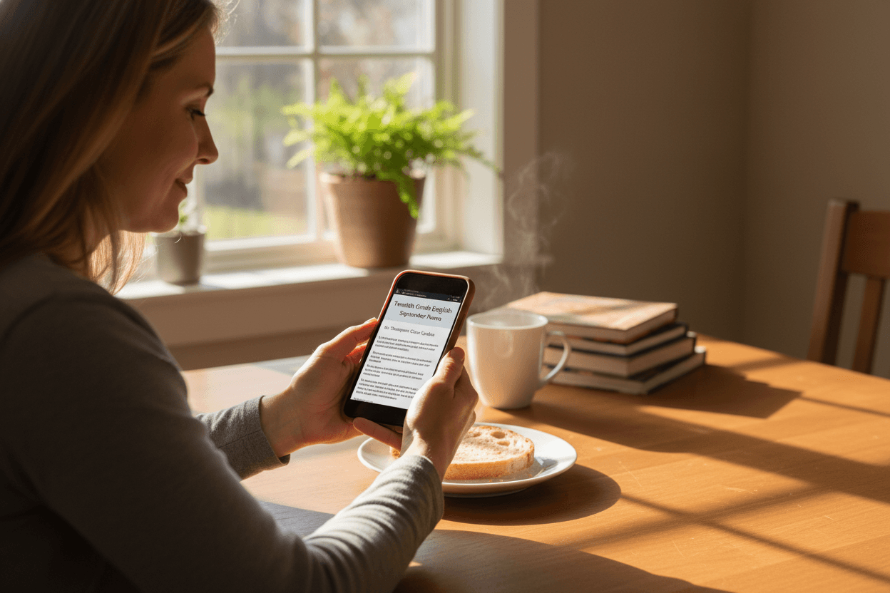 Parent reading September school newsletter on phone at home