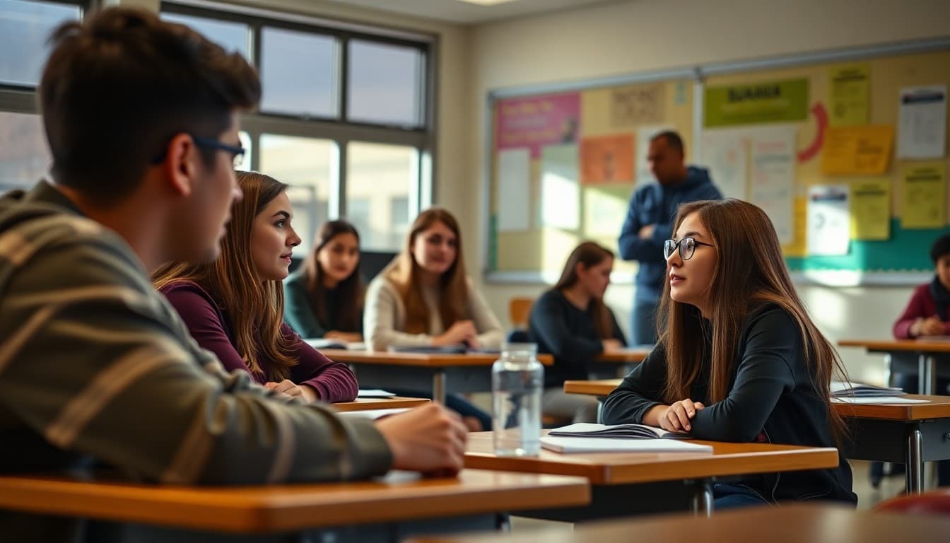 High school Spanish class students practicing conversation in pairs with their teacher nearby