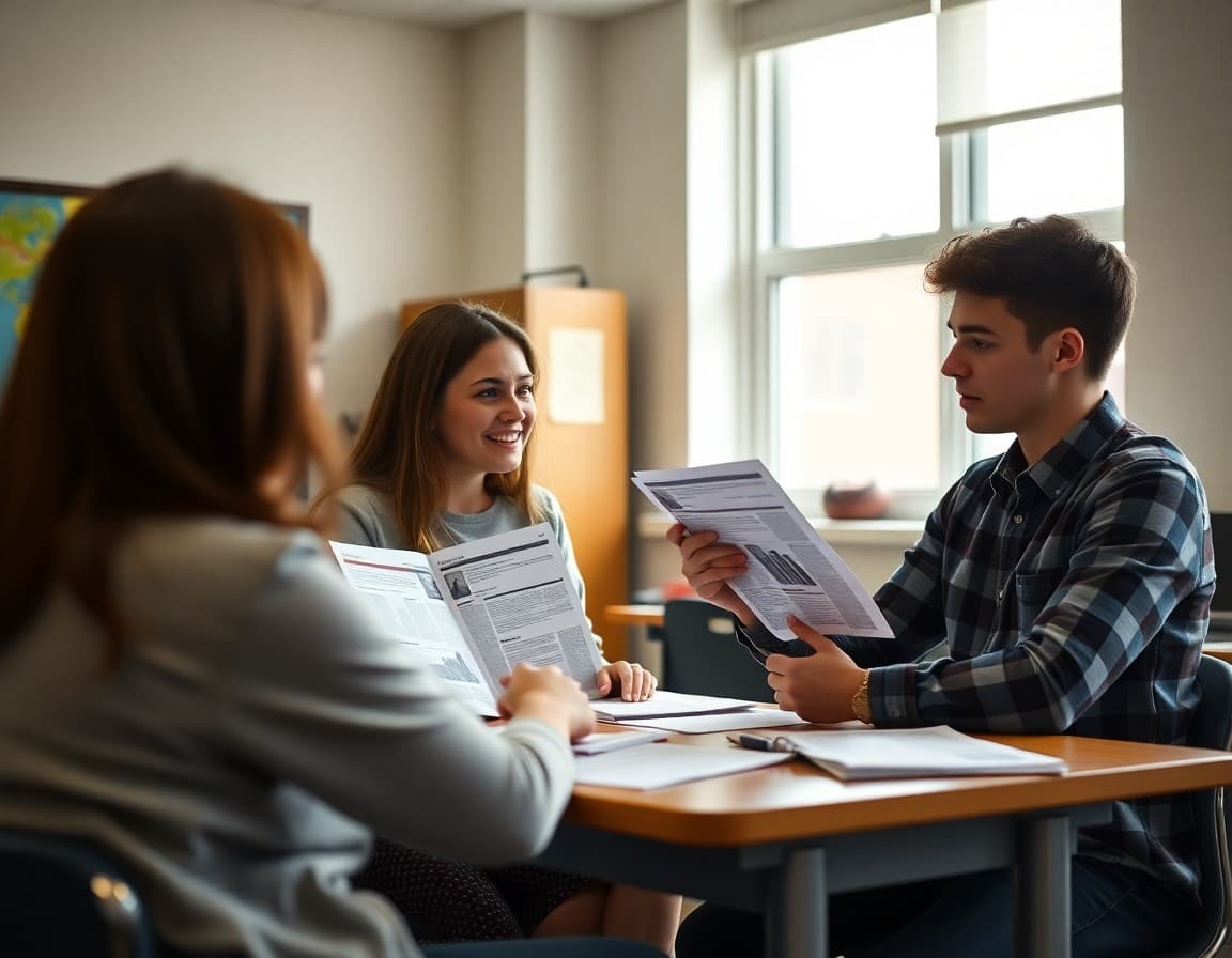 High school statistics teacher reviewing and comparing multiple newsletter examples at desk
