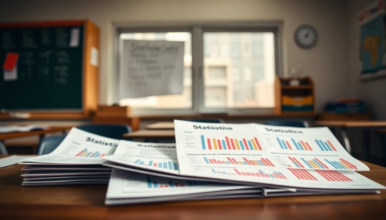 High school statistics newsletter examples arranged on a teacher's desk with data graphs visible