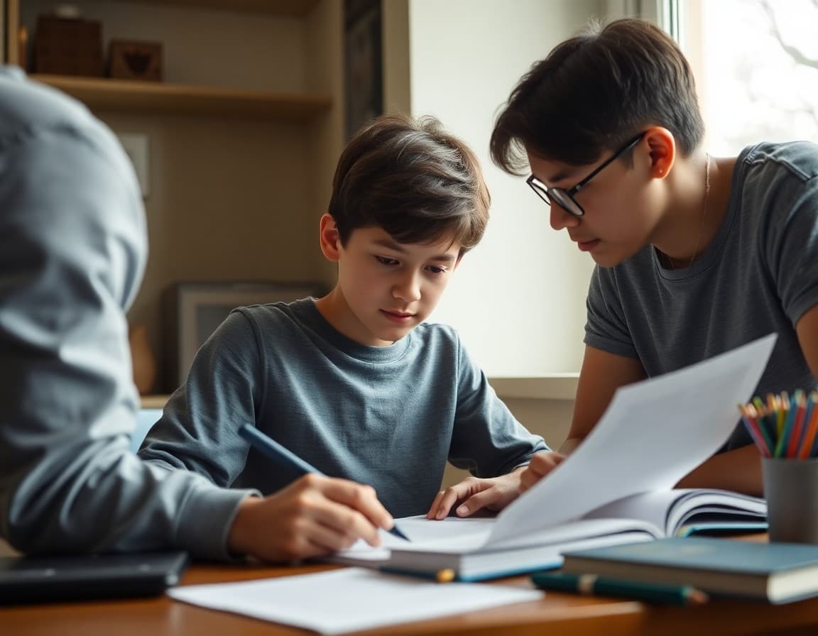 High school student working through a statistics problem set with a parent nearby at home