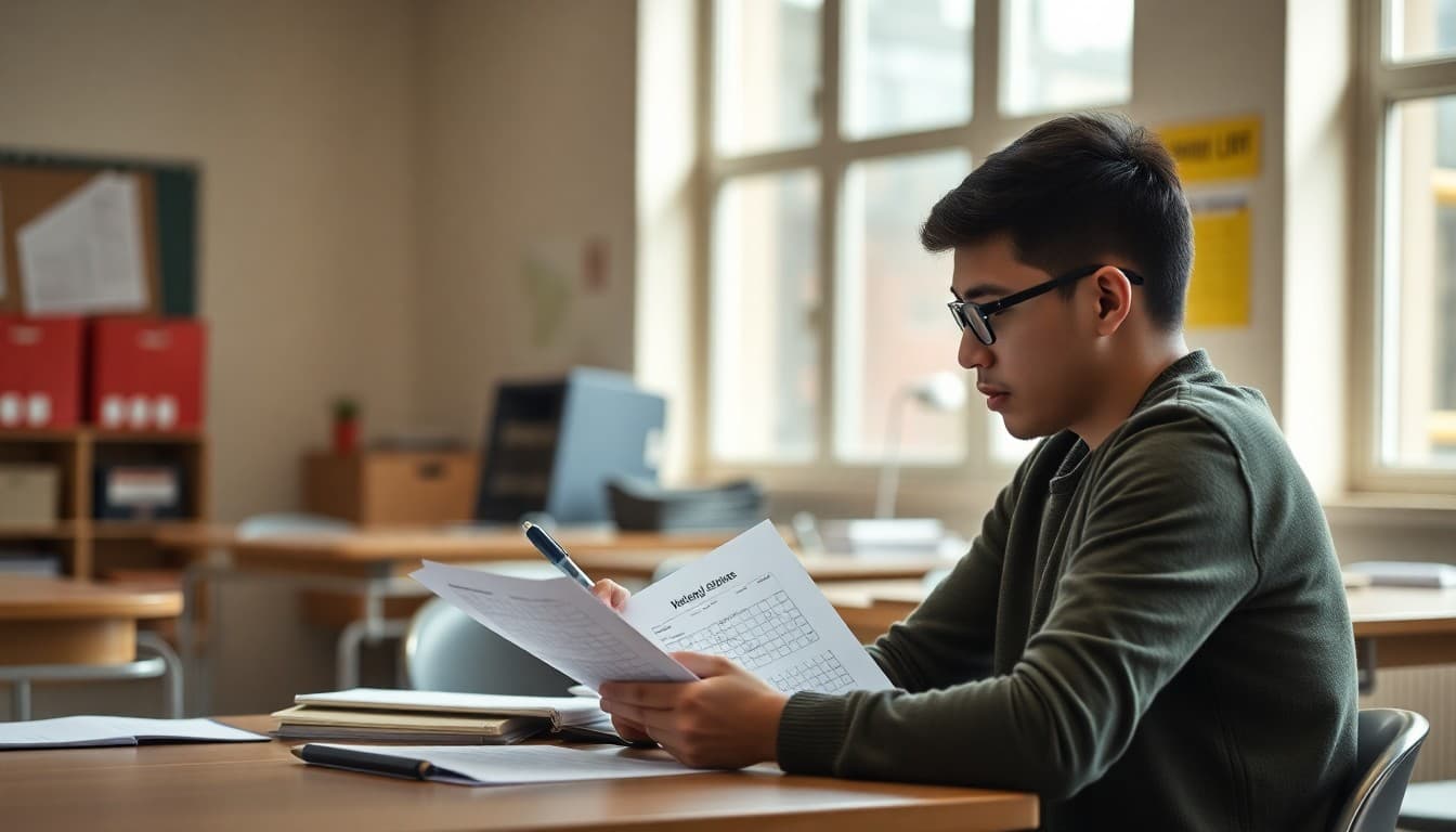 Parent and high school student reviewing a statistics assignment and discussing results together