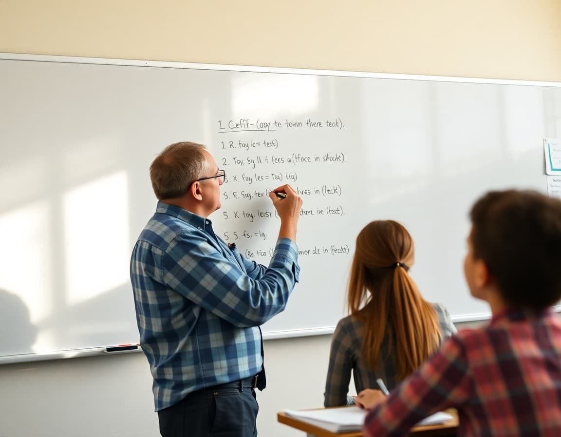 High school statistics teacher writing test prep topics and formulas on classroom whiteboard