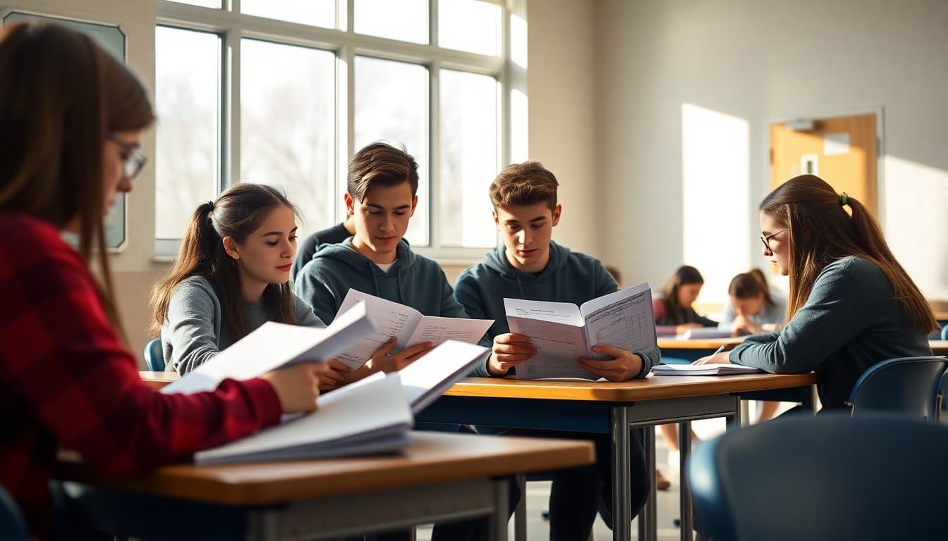 High school students reviewing statistics notes and working practice problems before a major test