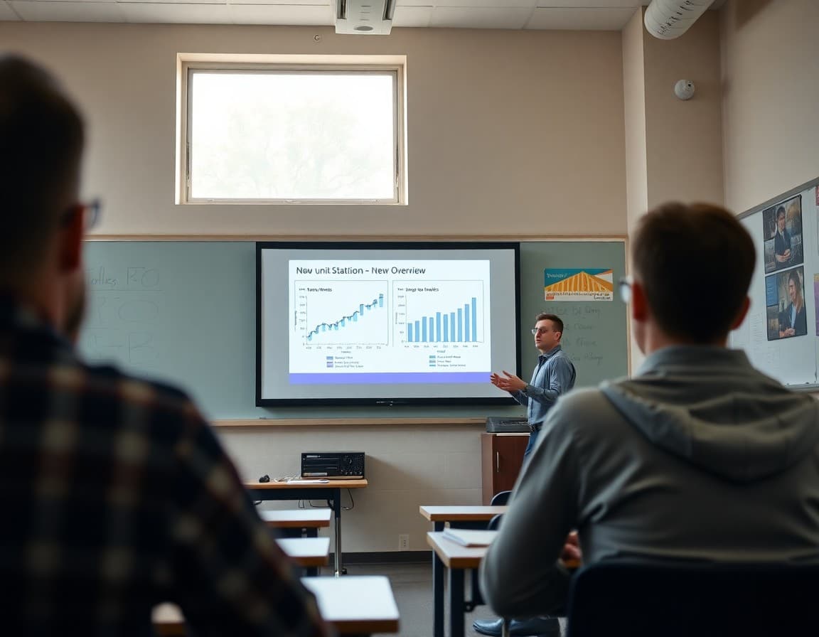 High school statistics teacher presenting a new unit overview with graphs on a projector screen