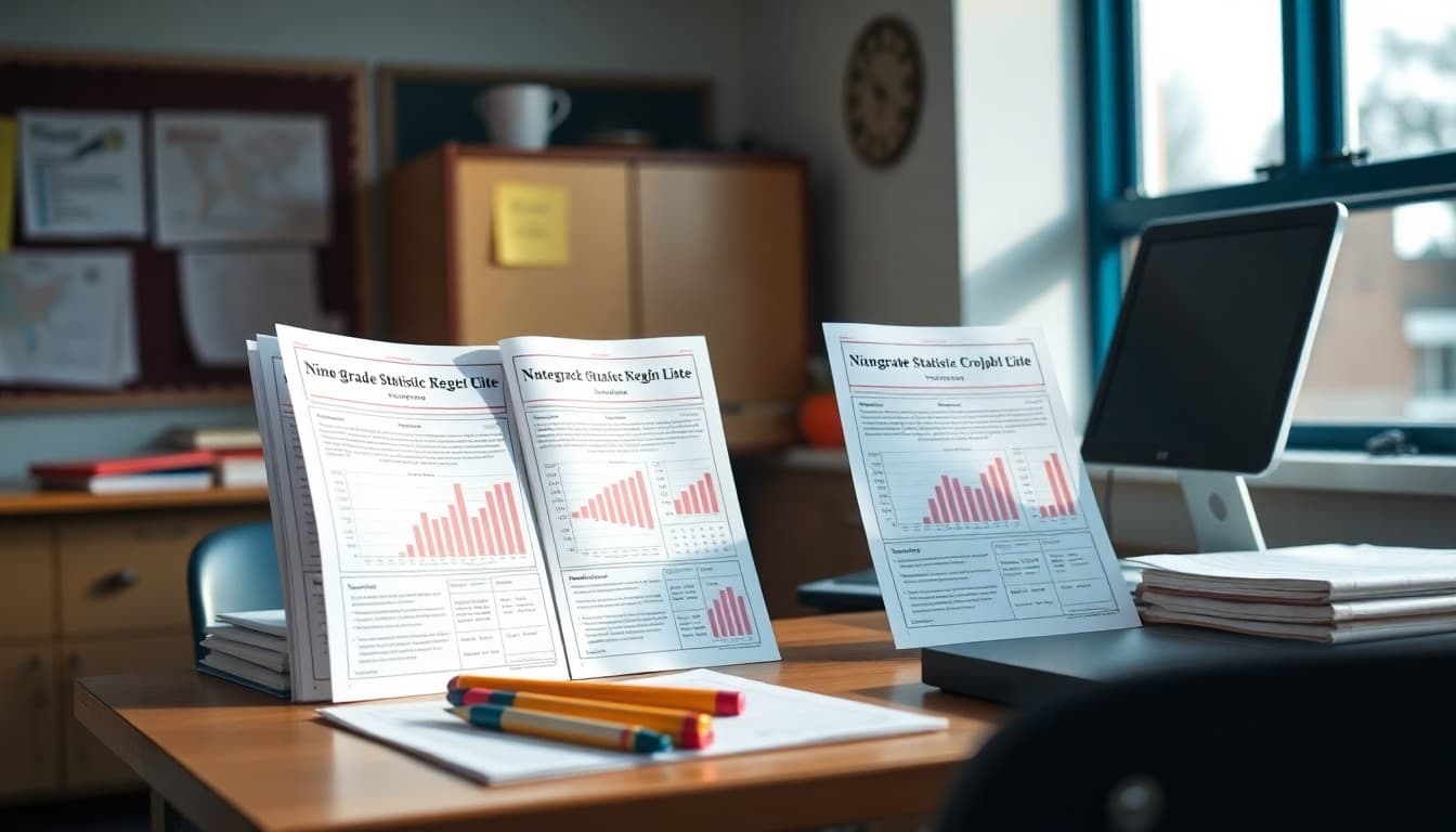 Ninth grade statistics newsletter examples organized on a high school math teacher's desk