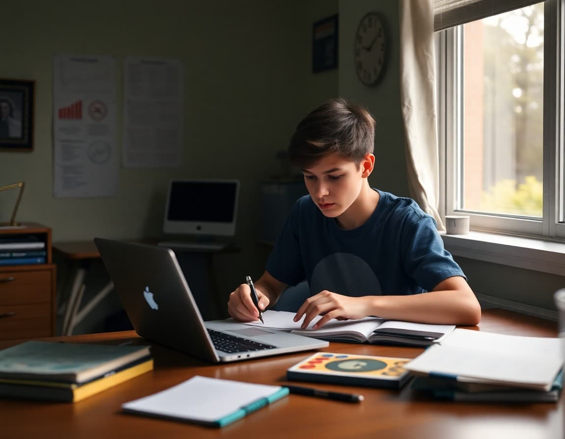 Ninth grade student working on a statistics data analysis project independently at home