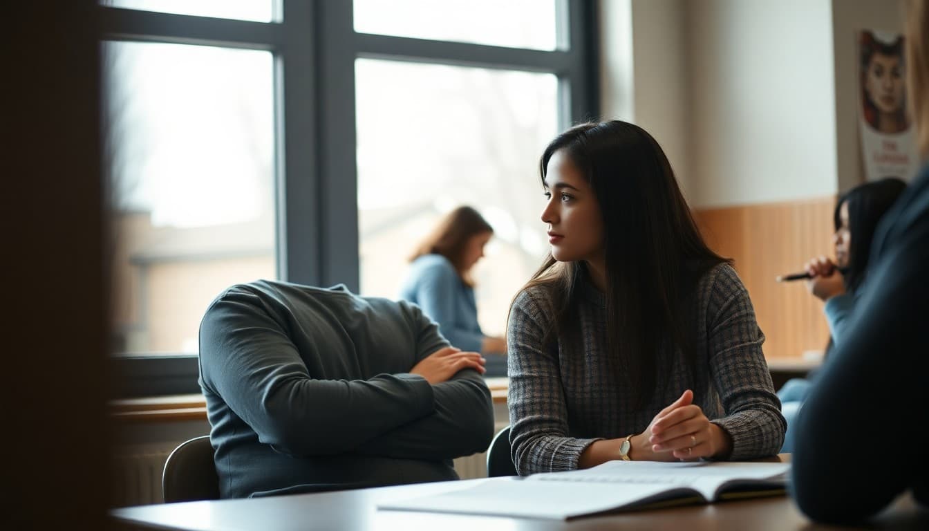 Parent having a quiet conversation with a ninth grade student about a statistics assignment