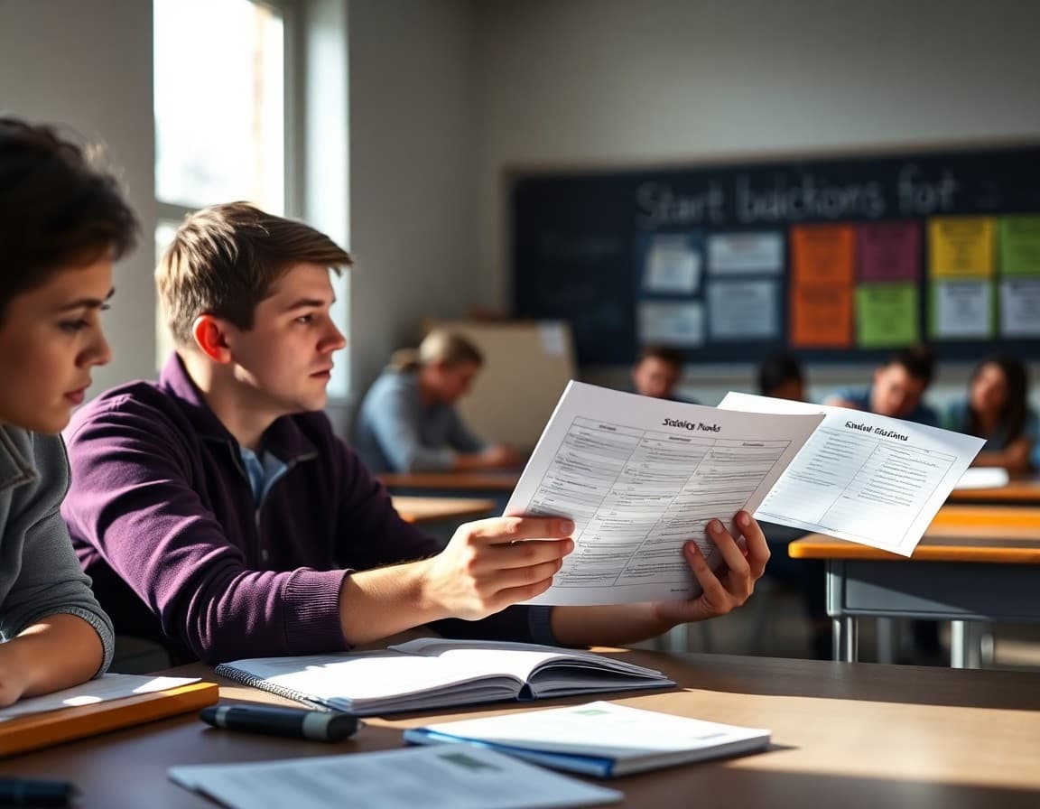 High school teacher reviewing 9th grade statistics test preparation materials at classroom desk