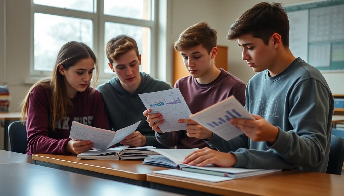 Ninth grade students reviewing statistics notes and data graphs in preparation for an upcoming test