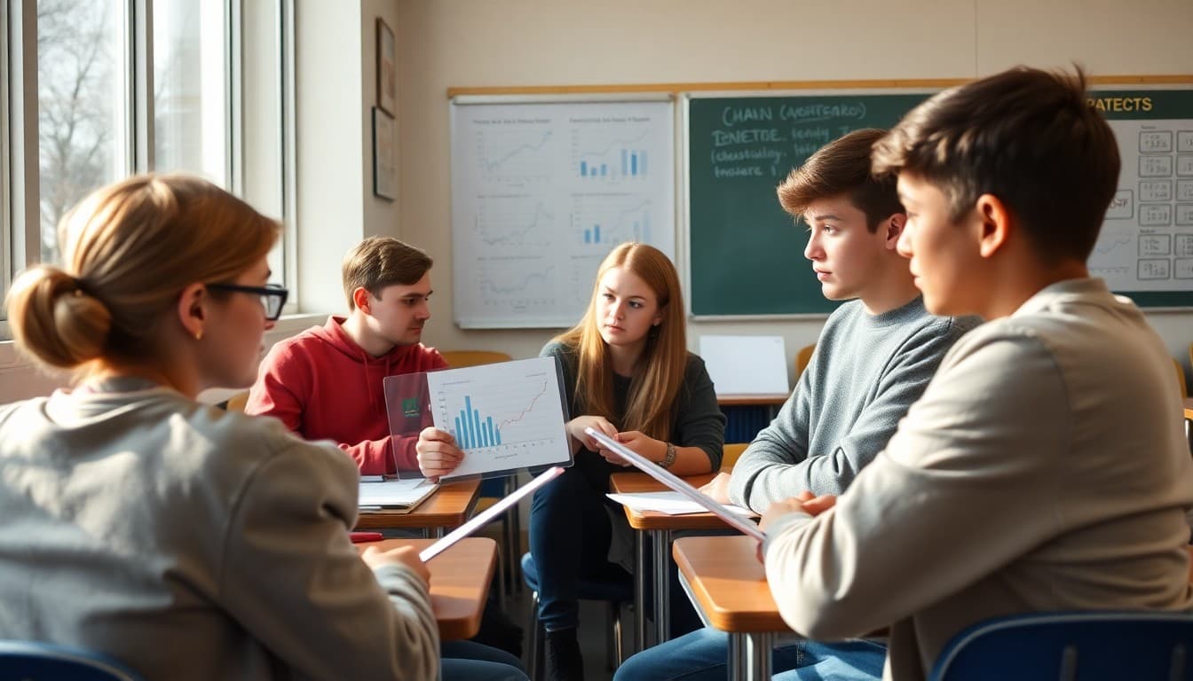 Ninth grade students analyzing statistical data displays and charts during a math class unit