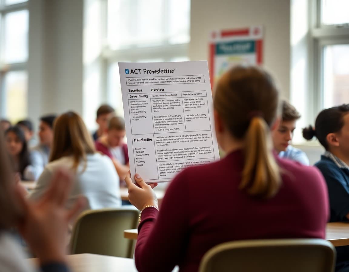 Teacher newsletter showing ACT prep timeline, section overview, and score improvement strategy for student practice