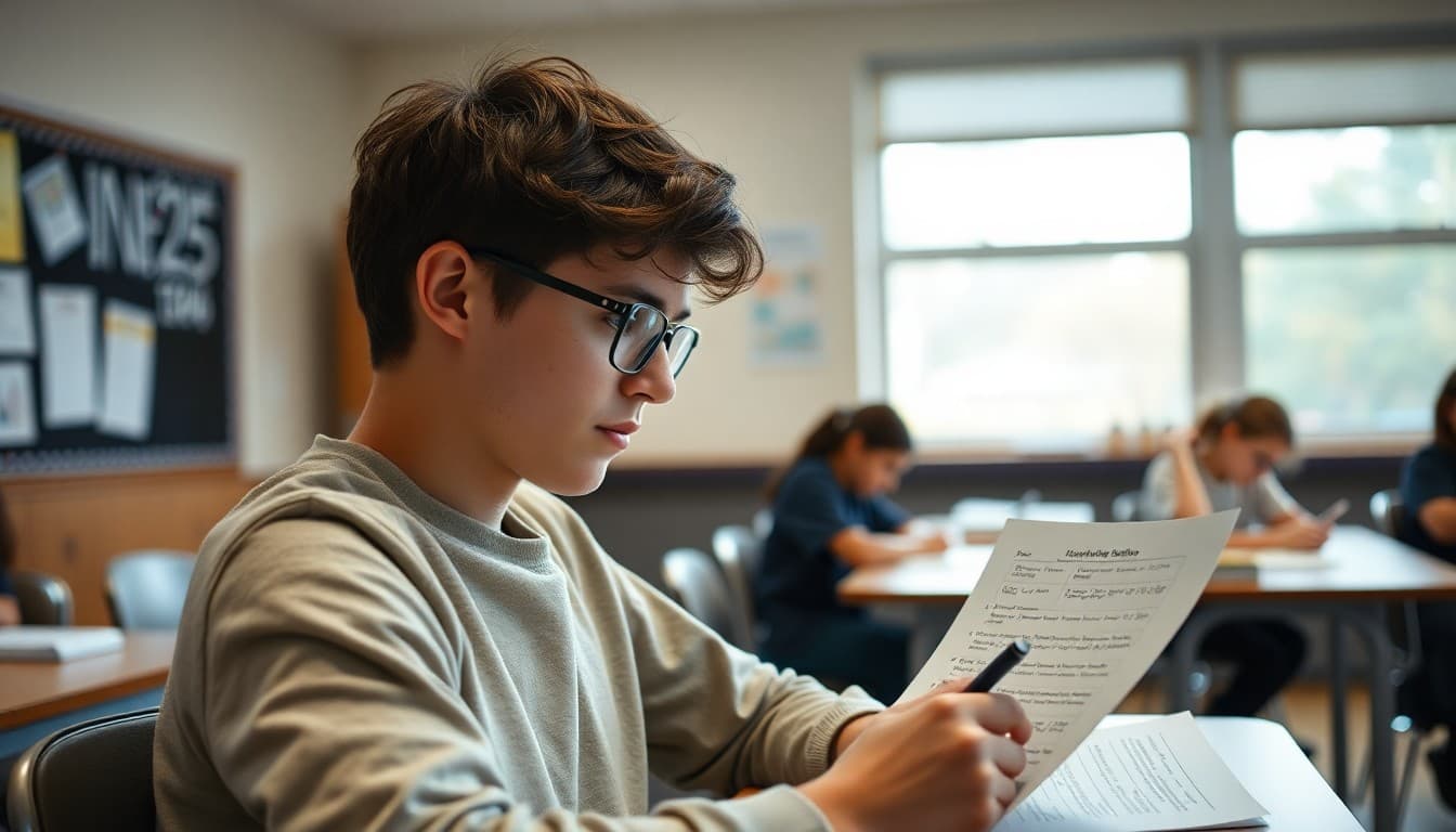 High school student working through ACT science reasoning section practice test with timer and scratch paper