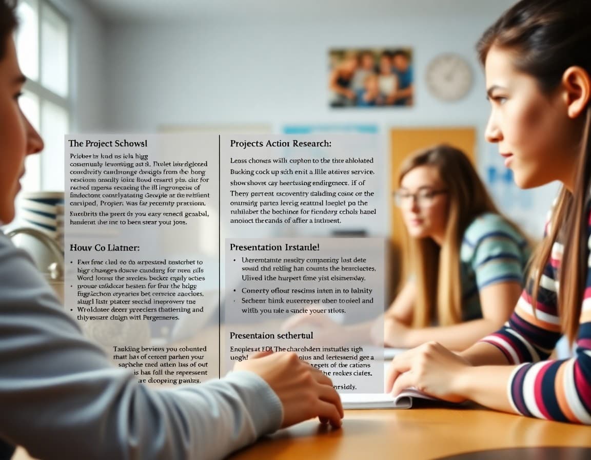 High school action research newsletter showing project phases, community partner information, and presentation schedule
