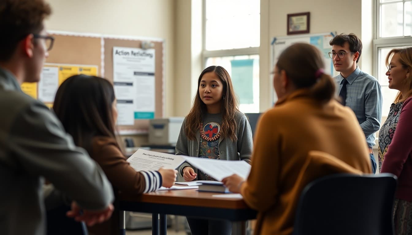 High school students presenting action research findings to community members with teacher nearby