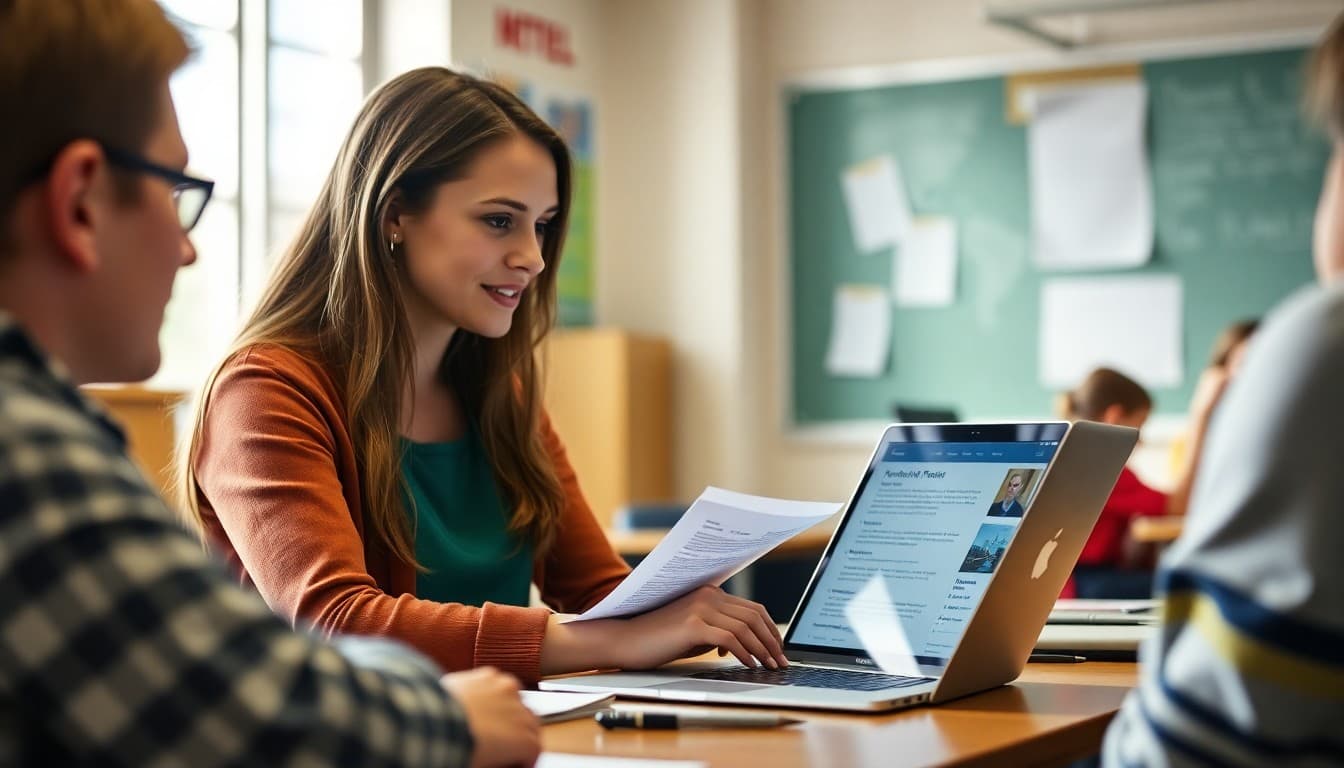 High school AP teacher reviewing course syllabus with parent newsletter visible on laptop screen