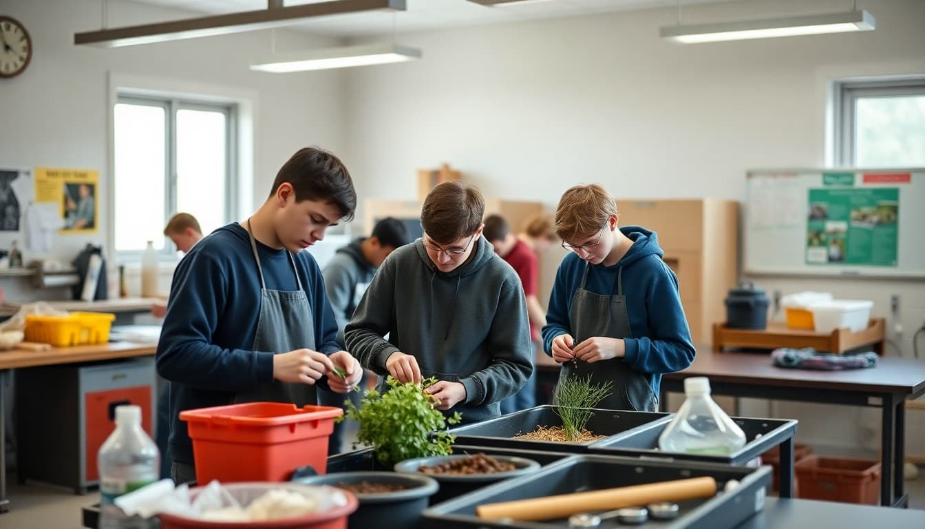 High school agriculture class students working on hands-on projects in a well-equipped agriculture class lab with safety equipment visible