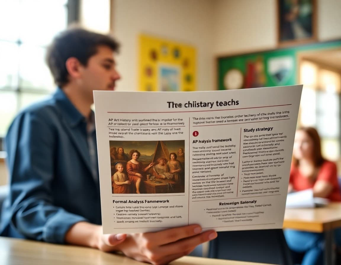 Teacher newsletter showing AP Art History unit image set, formal analysis framework, and study strategy recommendations