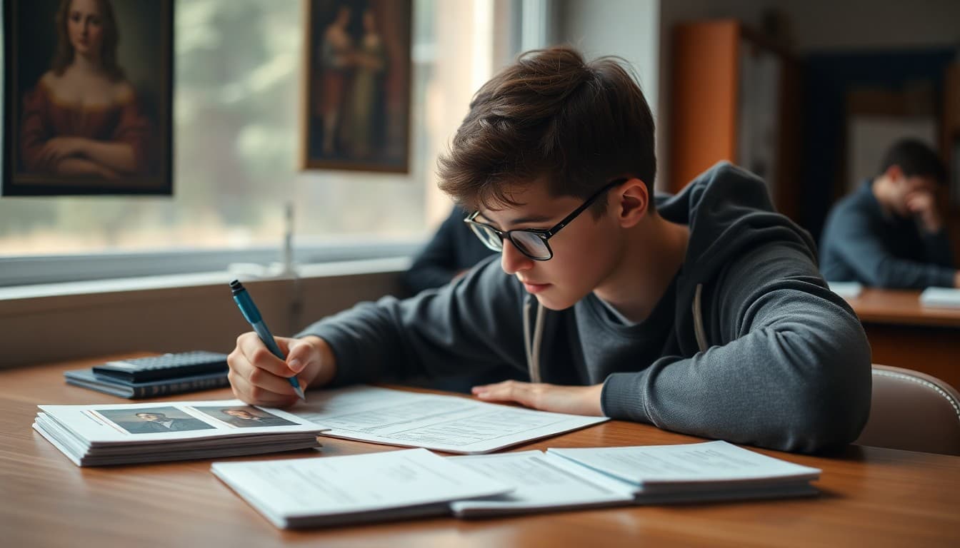 AP Art History student studying work image cards with formal analysis notes and flashcards on desk