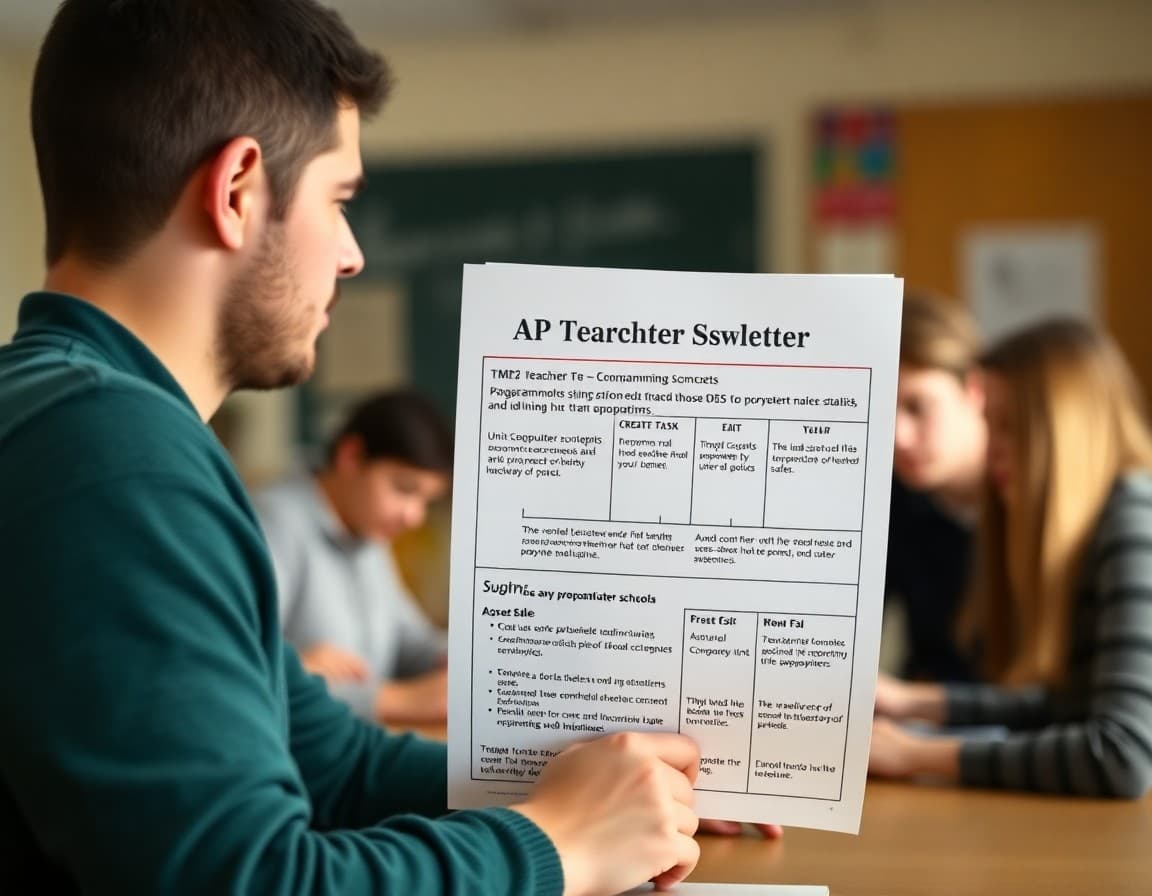 Teacher newsletter showing AP Computer Science unit programming concepts, create task timeline, and exam preparation schedule