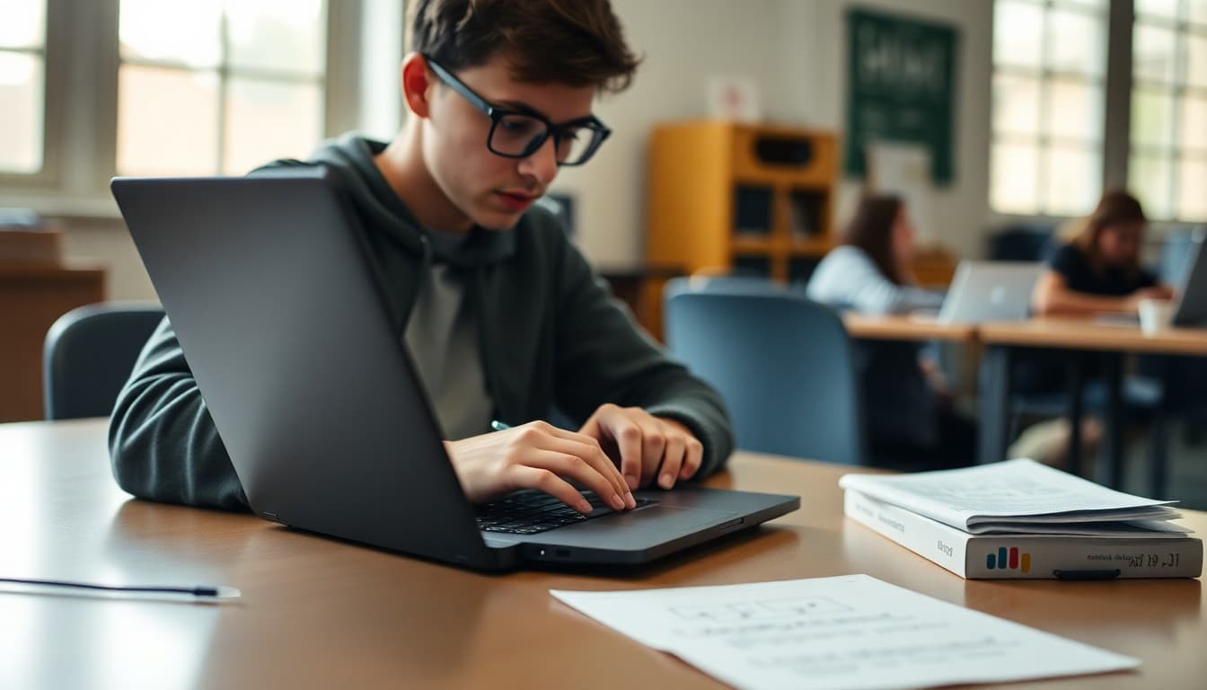 AP Computer Science student writing code on laptop with algorithm flowchart and debugging notes beside keyboard
