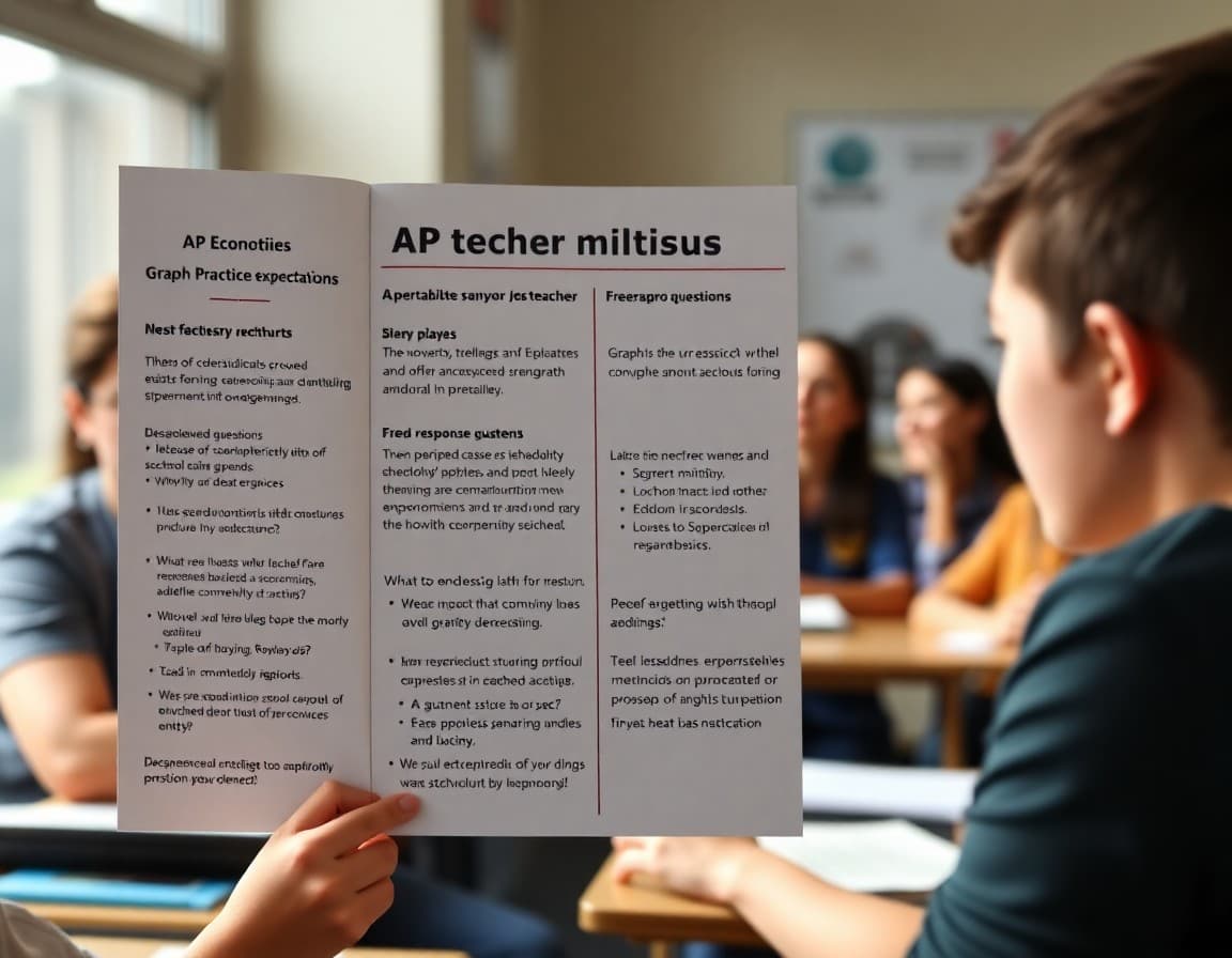 Teacher newsletter showing AP Economics unit topics, graph practice expectations, and free response question examples