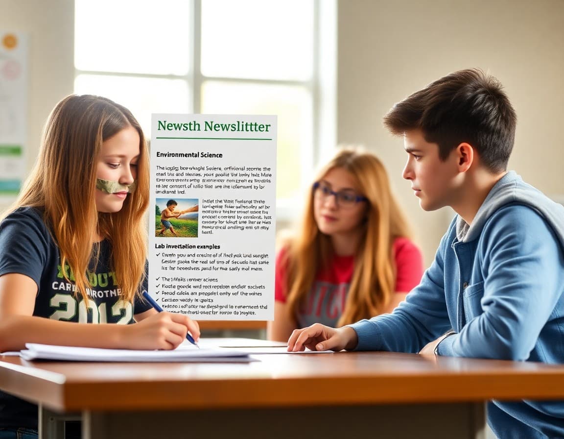Teacher newsletter showing AP Environmental Science unit topics, lab investigation details, and real-world application examples