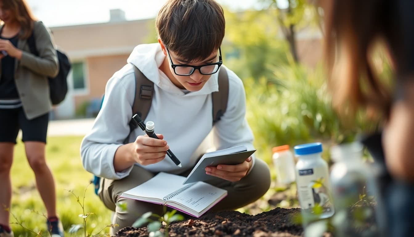 AP Environmental Science student collecting soil samples outdoors with field notebook and lab equipment