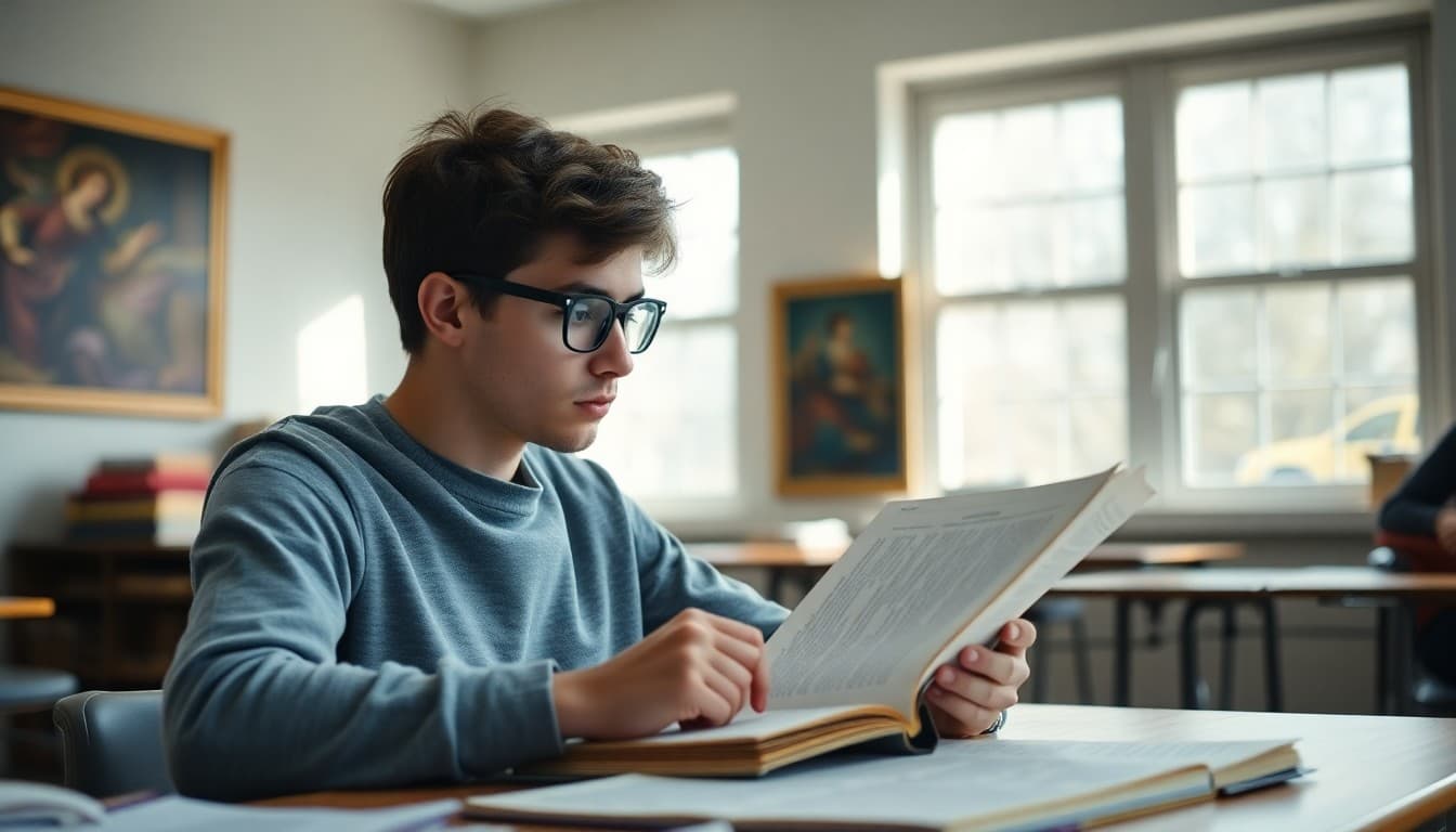 AP European History student studying Renaissance artwork and Enlightenment documents with essay outline visible