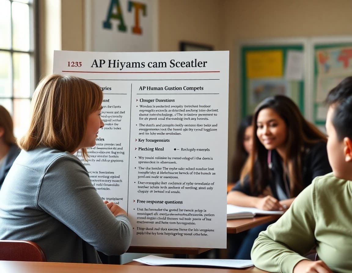 Teacher newsletter showing AP Human Geography unit topics, key geographic concepts, and free response question examples