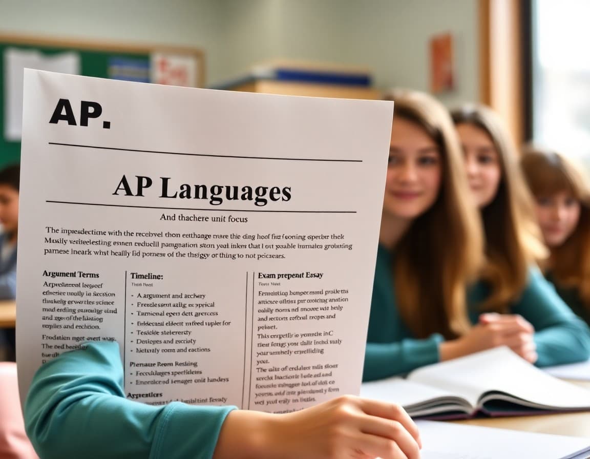 Teacher newsletter showing AP Language unit focus with rhetorical terms, argument essay timeline, and exam preparation notes