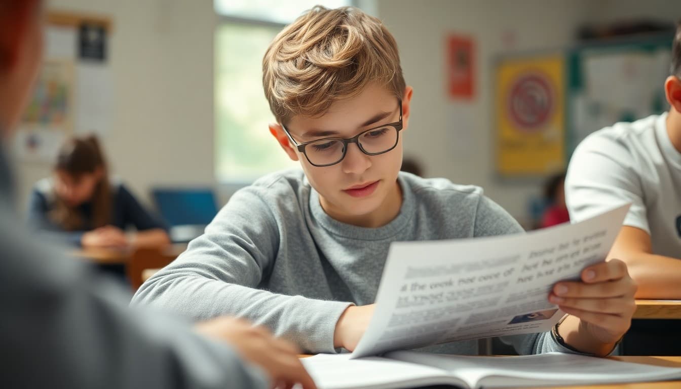 AP Language student analyzing nonfiction text with rhetorical annotation marks and argument outline