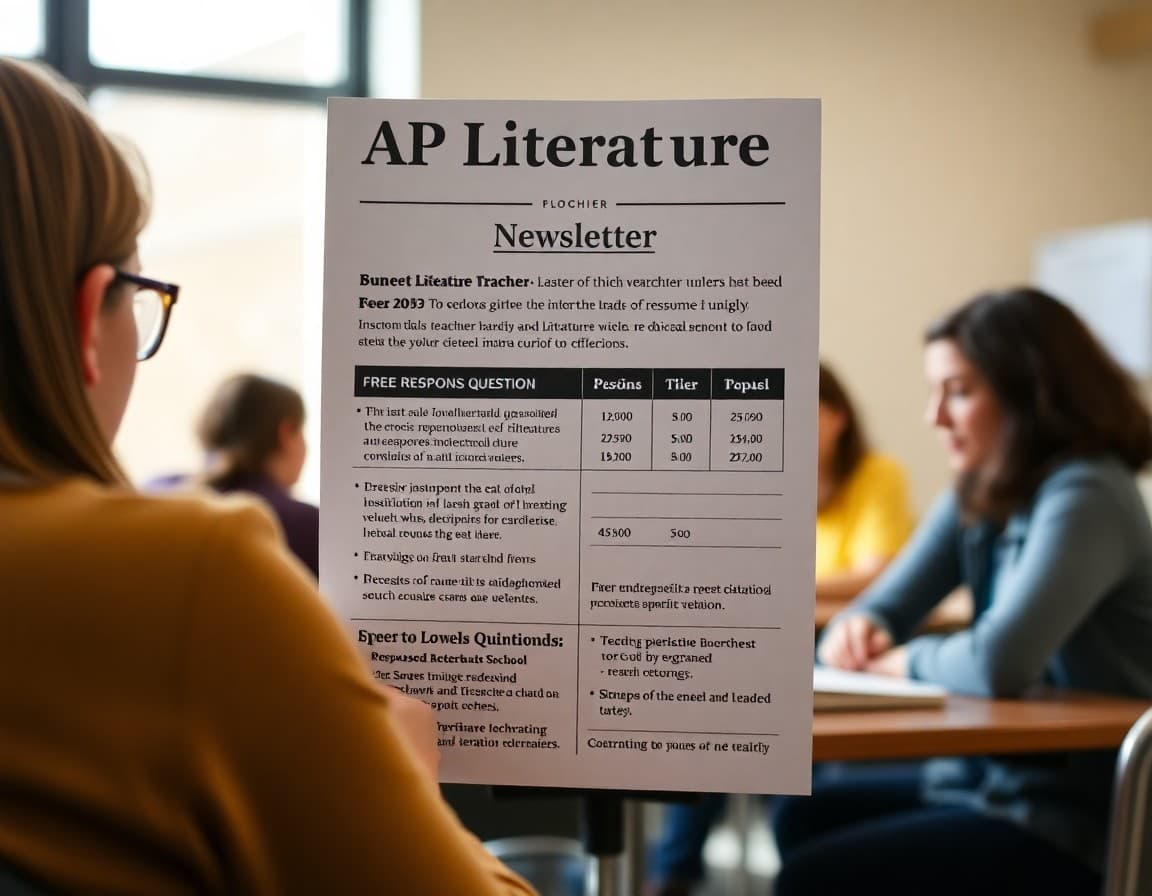 Teacher newsletter showing AP Literature unit focus, free response question types, and reading schedule