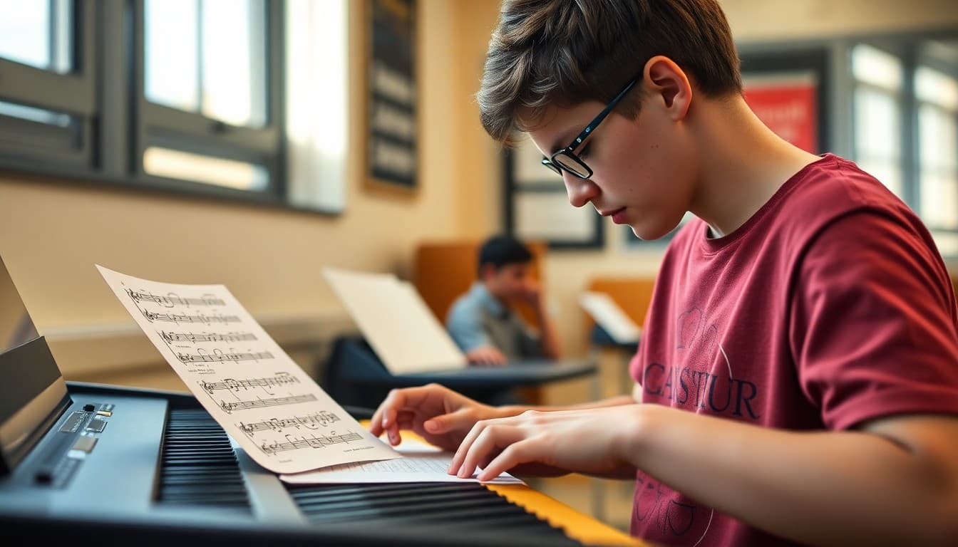 AP Music Theory student notating chord progressions on staff paper with keyboard and ear training exercises