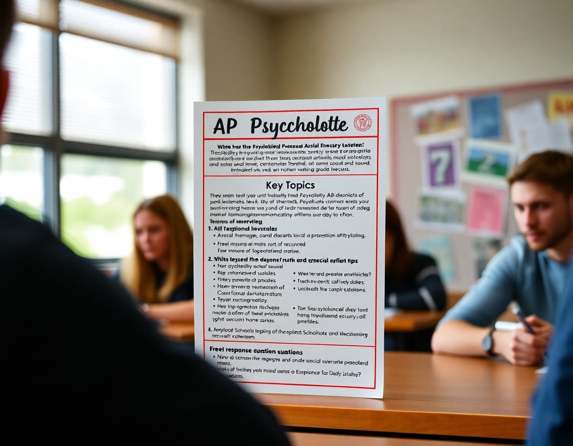Teacher newsletter showing AP Psychology unit topics, key terms, and free response question preparation tips