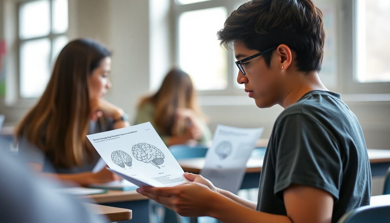 AP Psychology student reviewing brain diagrams and psychological research study cards for exam preparation