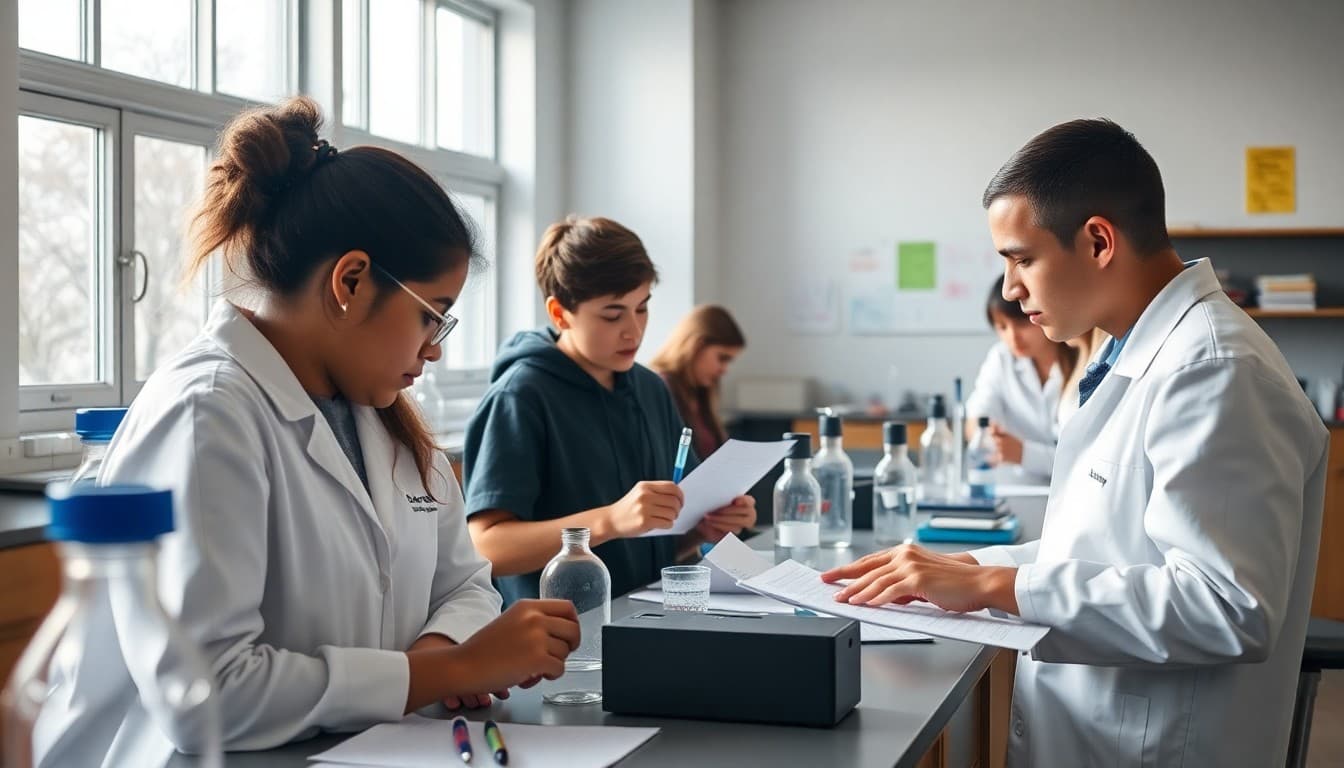 AP science students conducting lab investigation with equipment and data recording sheets on lab bench