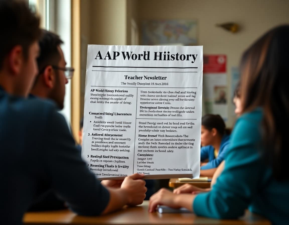 Teacher newsletter showing AP World History unit period, key developments, and comparison essay preparation tips