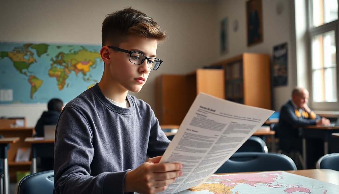 AP World History student comparing primary source documents from different civilizations with world map and timeline