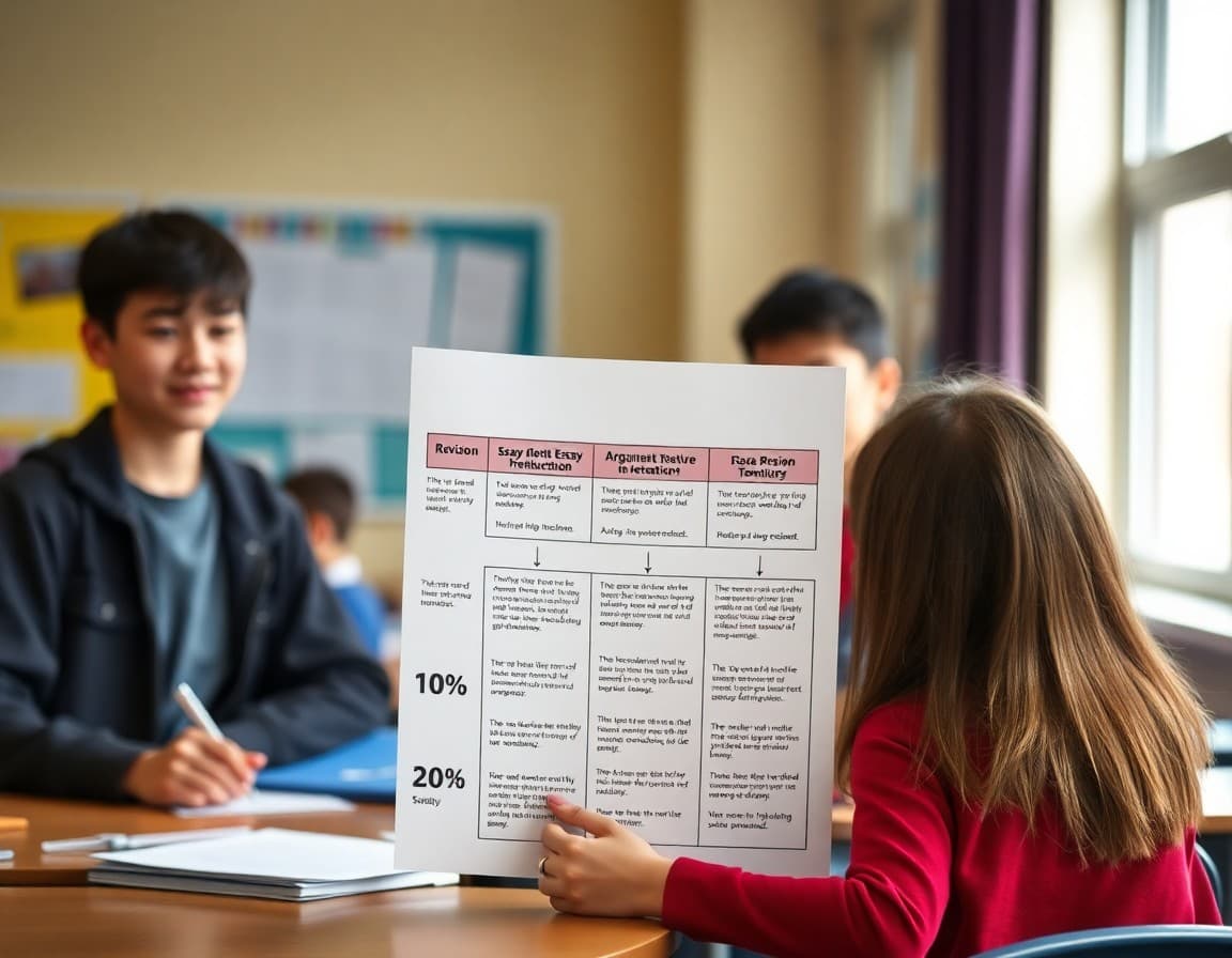 High school argumentative essay newsletter showing essay structure diagram and revision timeline for families
