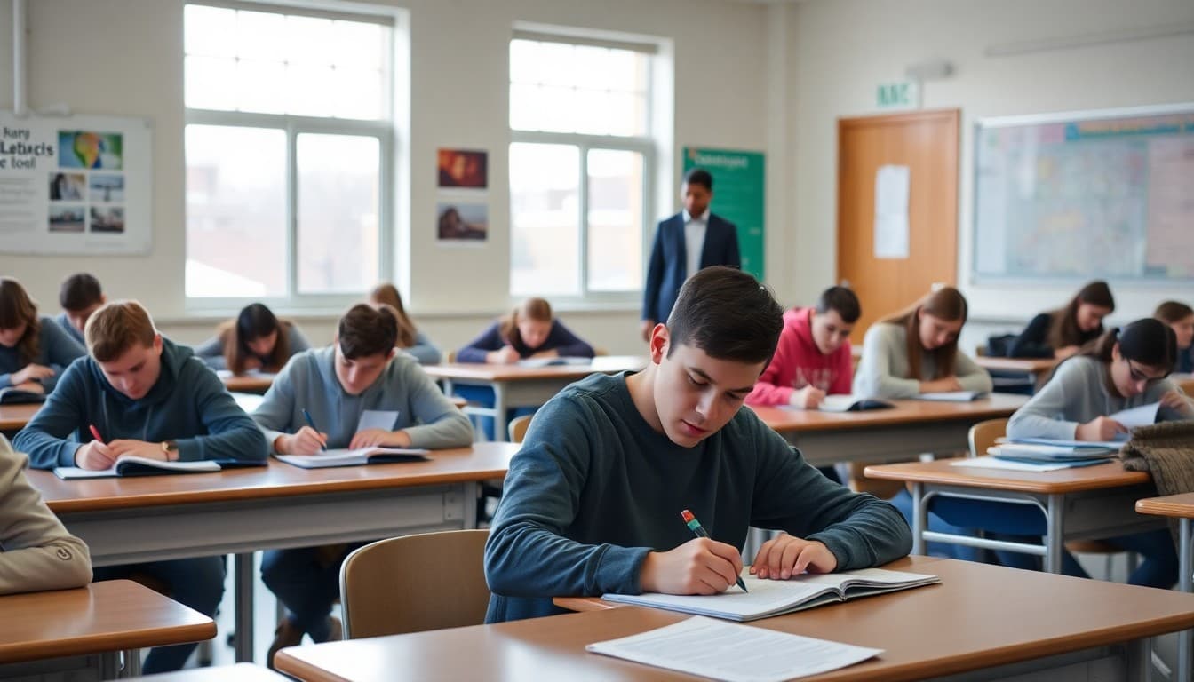 High school students working on argumentative essay drafts at classroom desks with teacher walking the room