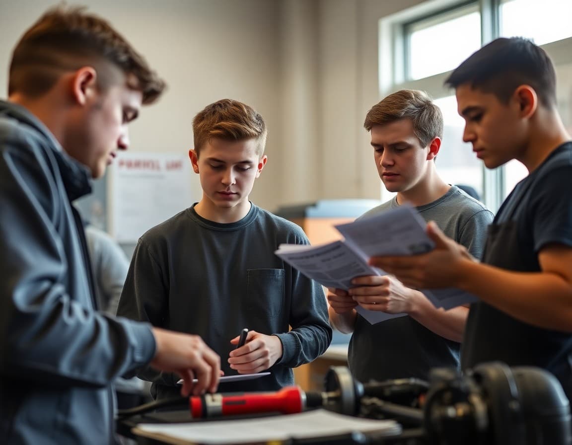 High school auto shop newsletter showing project requirements, safety guidelines, and career pathway information