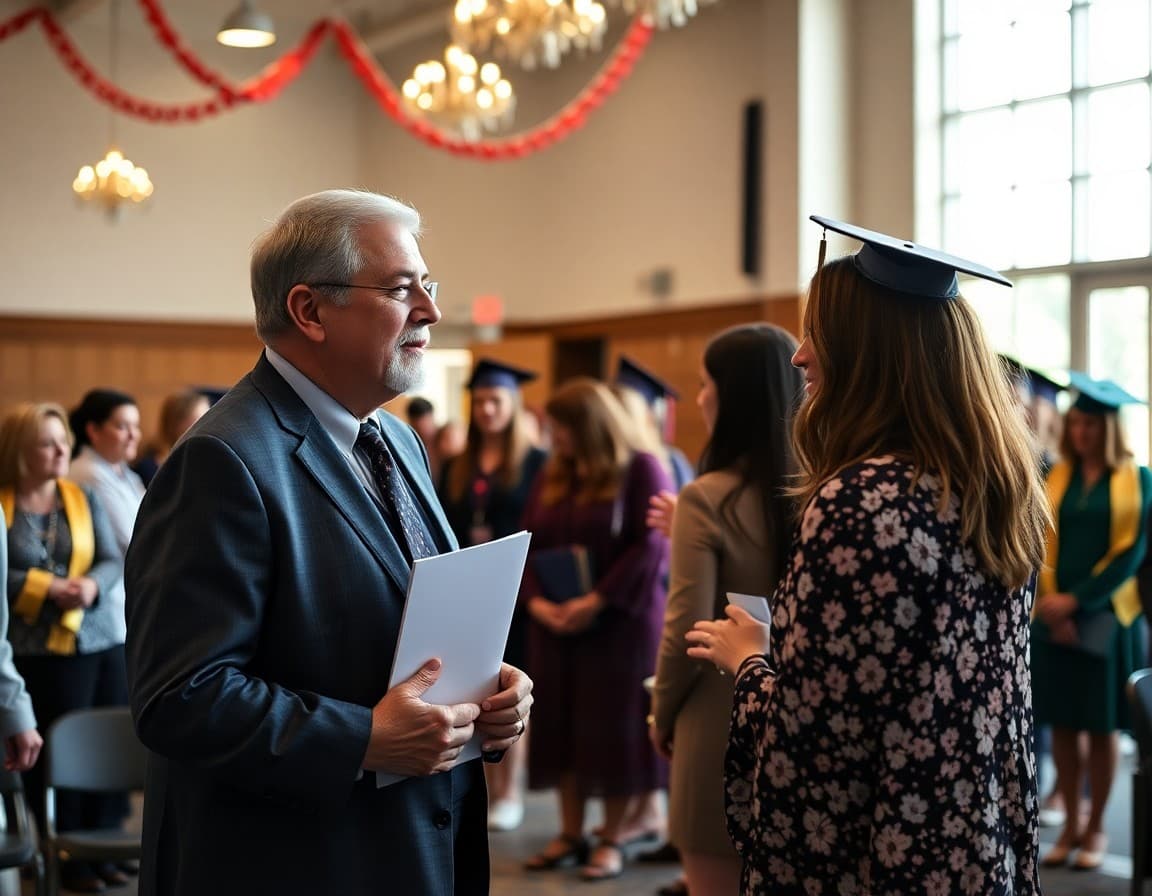 School administrator welcoming families to a high school baccalaureate event in a decorated venue