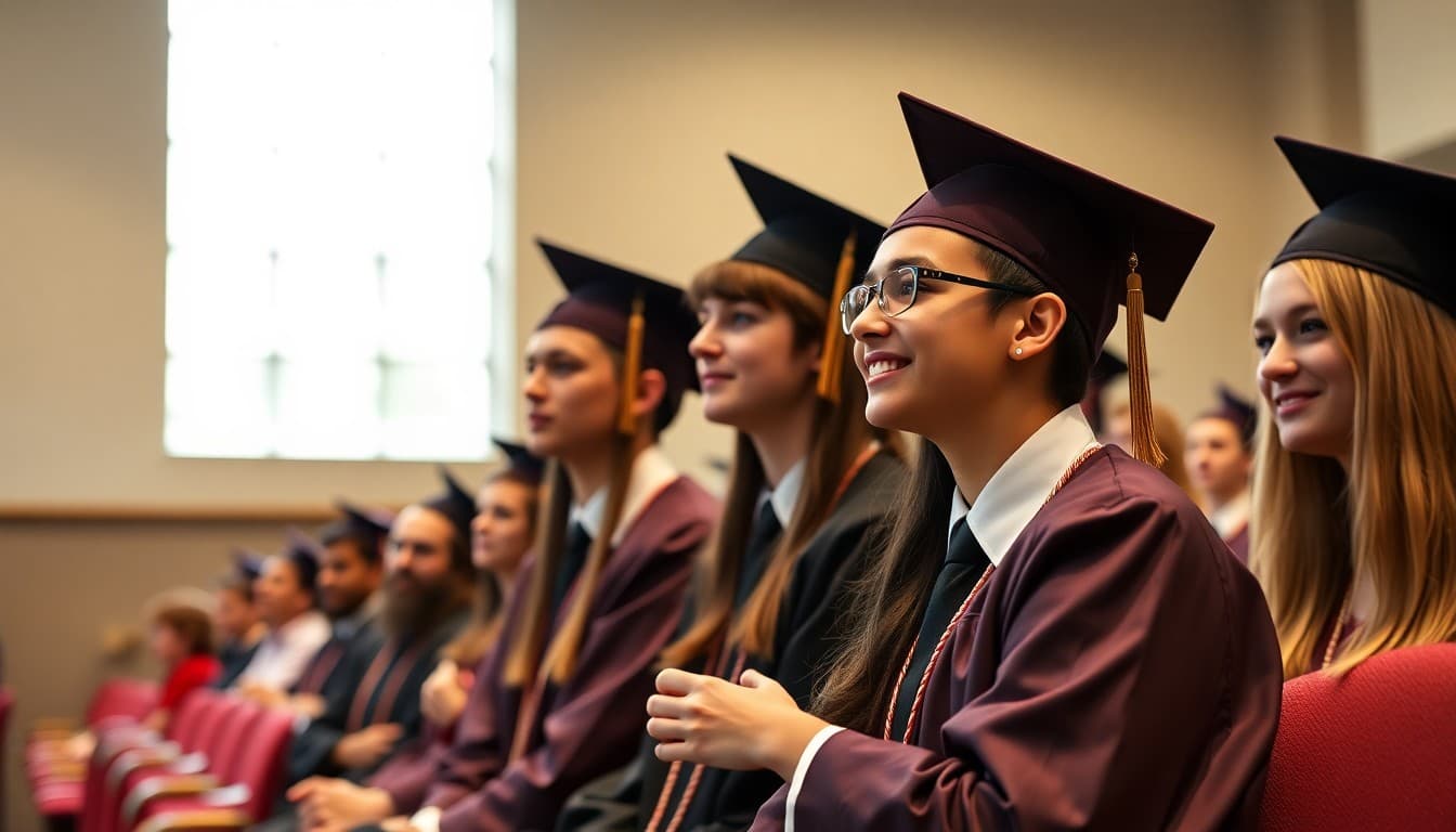 High school seniors in formal attire participating in a baccalaureate ceremony in a school auditorium
